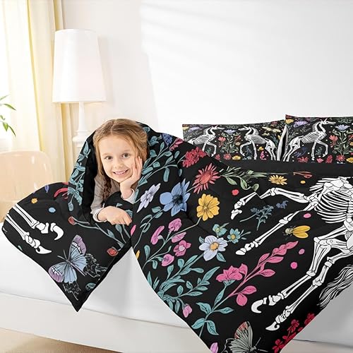 Miniatura 6 de Erosebridal Juego de edredón de polilla de la muerte, juego de ropa de cama tamaño Queen, diseño de calavera gótica, flores botánicas, juego de