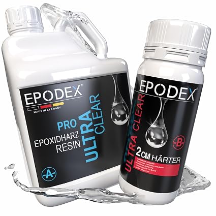 EPODEX Epoxidharz Set PRO, kristallklares Epoxy Resin Set für Gießhöhen bis 2cm, Harz Gießen Set, Resin-Kunst (Resin Art), Doming, Schmuck, kleine Form- und Gussteile -AQUA - Transparent - 27kg