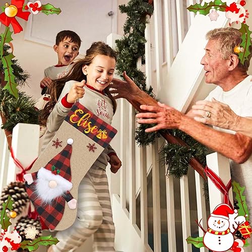 Miniatura 6 de Dreamdecor Medias de Navidad personalizadas con nombre, calcetín de Navidad de 18 pulgadas, ciervo, gnomo, Papá Noel, muñeco de nieve, arpillera, a