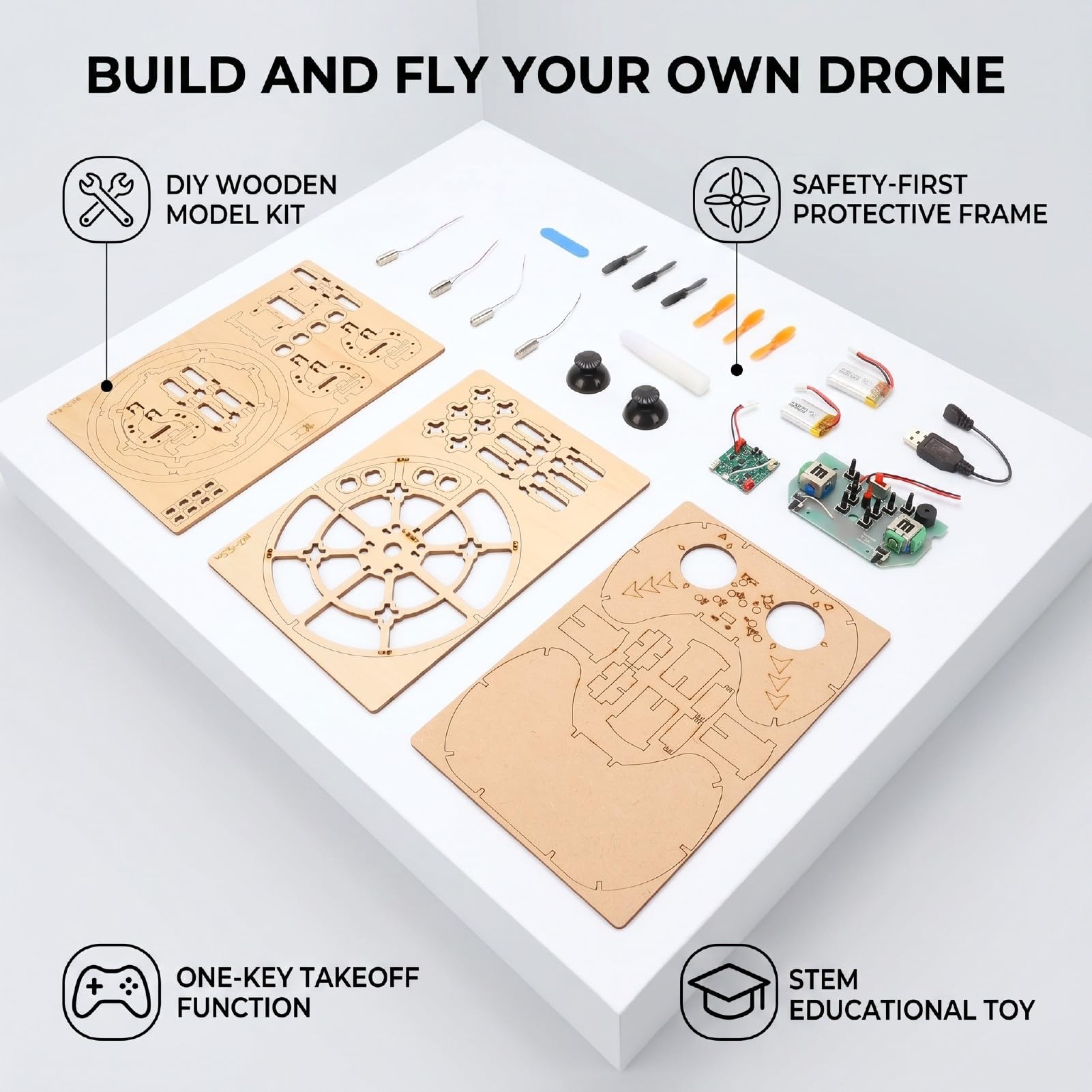 Gugxiom Kit Modello Drone in Legno Fai da Te 3D Building Blocks Quadcopter STEM RC Educativo Drone con una Chiave Decollo Arresto di Emergenza 3 Impostazioni di velocità Giocattolo