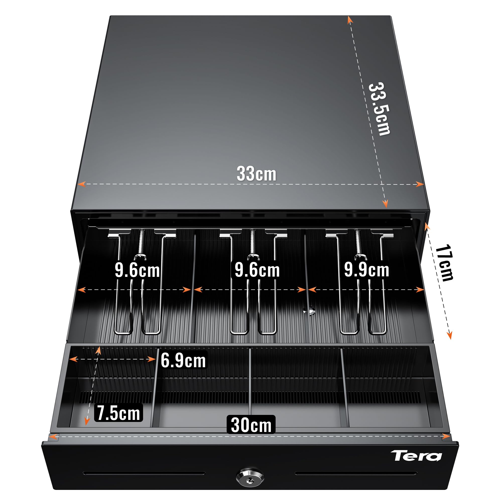 Tera Tiroir à monnaie robuste 33 cm : 3 billets 4 pièces de monnaie caisse enregistreuse 335 x 330 x 105 mm interface RJ12 12 V fente média système POS ouverture automatique manuelle avec serrure à 6