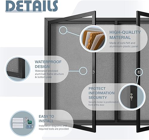 Miniatura 4 de Tablón de anuncios cerrado para exteriores con puerta de bloqueo, resistente a la intemperie, fieltro gris, marco de aluminio negro, 70 x 34 pulgadas