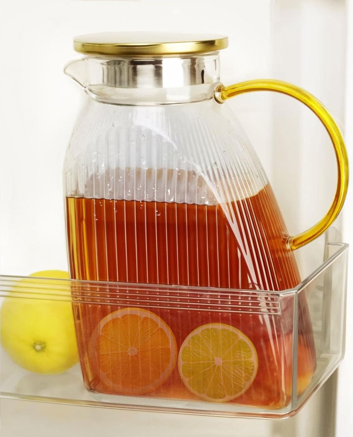 Water Pitcher Glass for Fridge, for 1.8L/63oz Fridge Door with Stainless Steel Lid, High Borosilicate Glass Carafe Pitcher for Hot or Cold Homemade Drinks