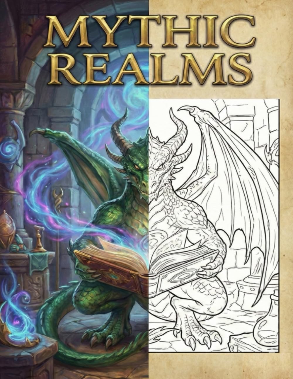Mythic Realms: A Side-by-Side Fantasy Coloring Adventure: Explore & Color Dragons, Fairies, Pirates, and Magical Beasts with Full-Color Reference Guides