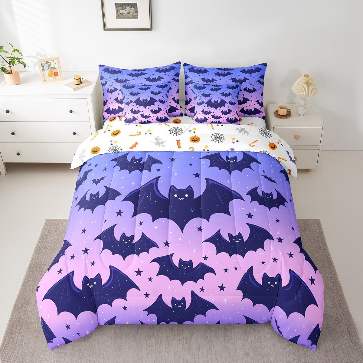 Erosebridal Kids Halloween Bat King Comforter Set 7 Piece,Ombre Dreamy Purple Starry Sky Bed in a Bag with Sheet Set,Cute Cartoon Teal Bat Bird Wild Animal Bed Sheets,Sparkle Stars Galaxy Bedding Set