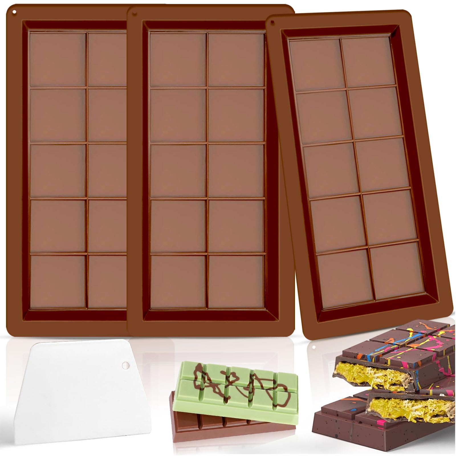 3PCS Deep Chocolate Bar Moulds, 10 Cavity Reusable Deep Silicone Chocolate Bar Sweet Moulds, Deep Silicone Candy Bar Molds for Stuffed Bar, Thick Chocolate Bar Molds Tea Spoon