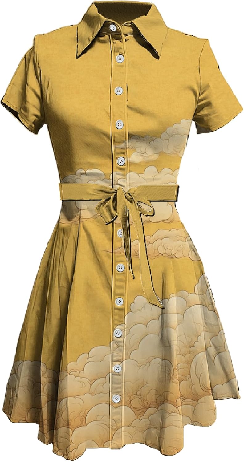 MARSVOVO Japanese Art Shirt Dresses for Women Short Sleeve Ruffle Button Down Tie Waist Trendy Elegant Midi Dress