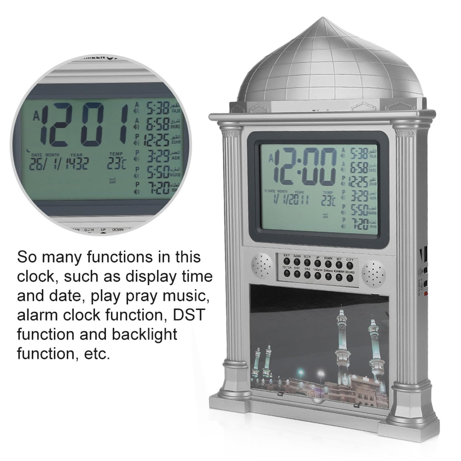1 Stücke Kunststoff Azan Gebet Nimaz Uhr, Digitalen Kalender Zeitanzeige Wecker Wanduhr mit LCD-Anzeige(grey)