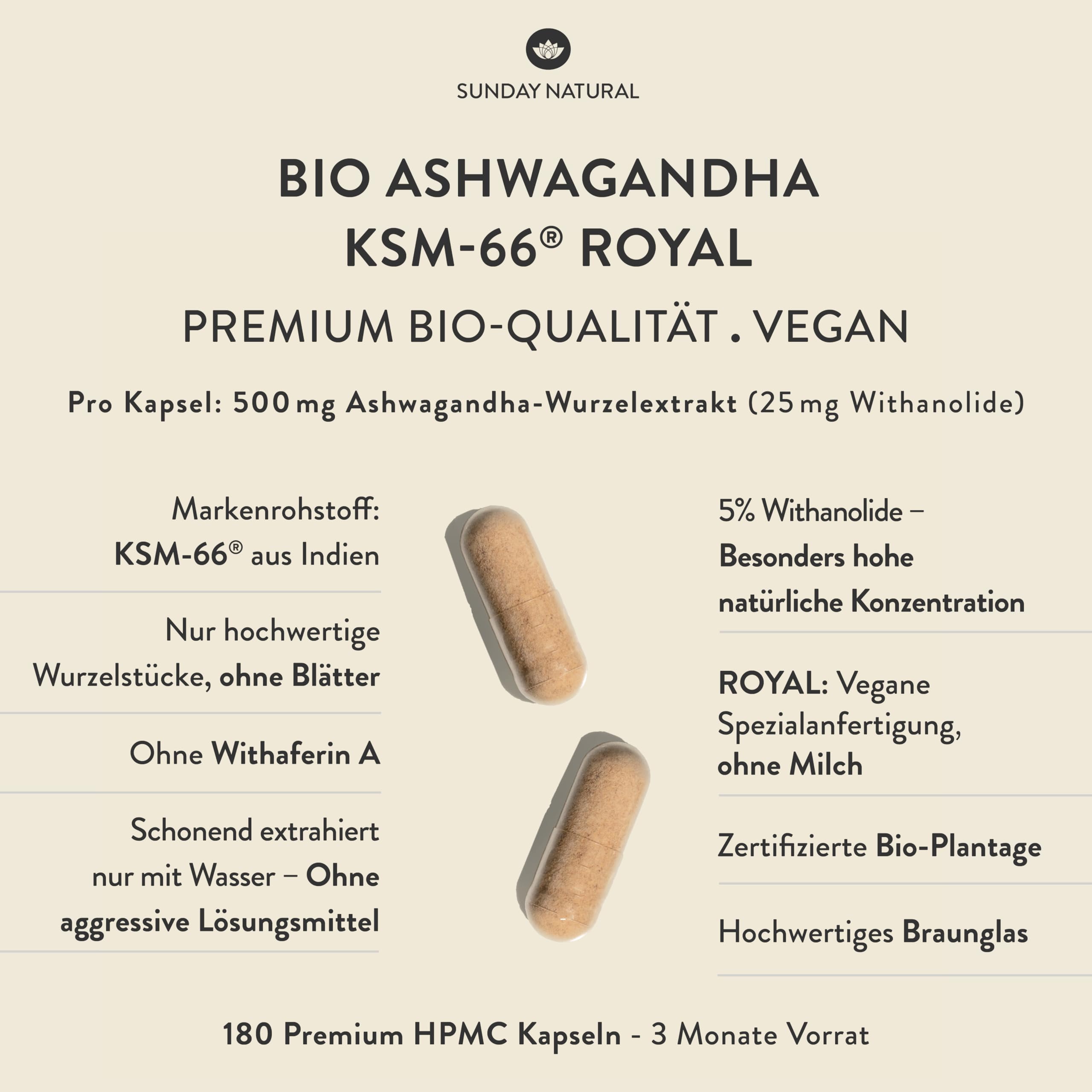 SUNDAY NATURAL® Bio Ashwagandha Kapseln - Premiumrohstoff KSM-66® – 180 Kapseln - 1.000mg Wurzelextrakt mit 50mg Withanoliden (5%) pro Tagesdosis – Ashwaganda aus Indien