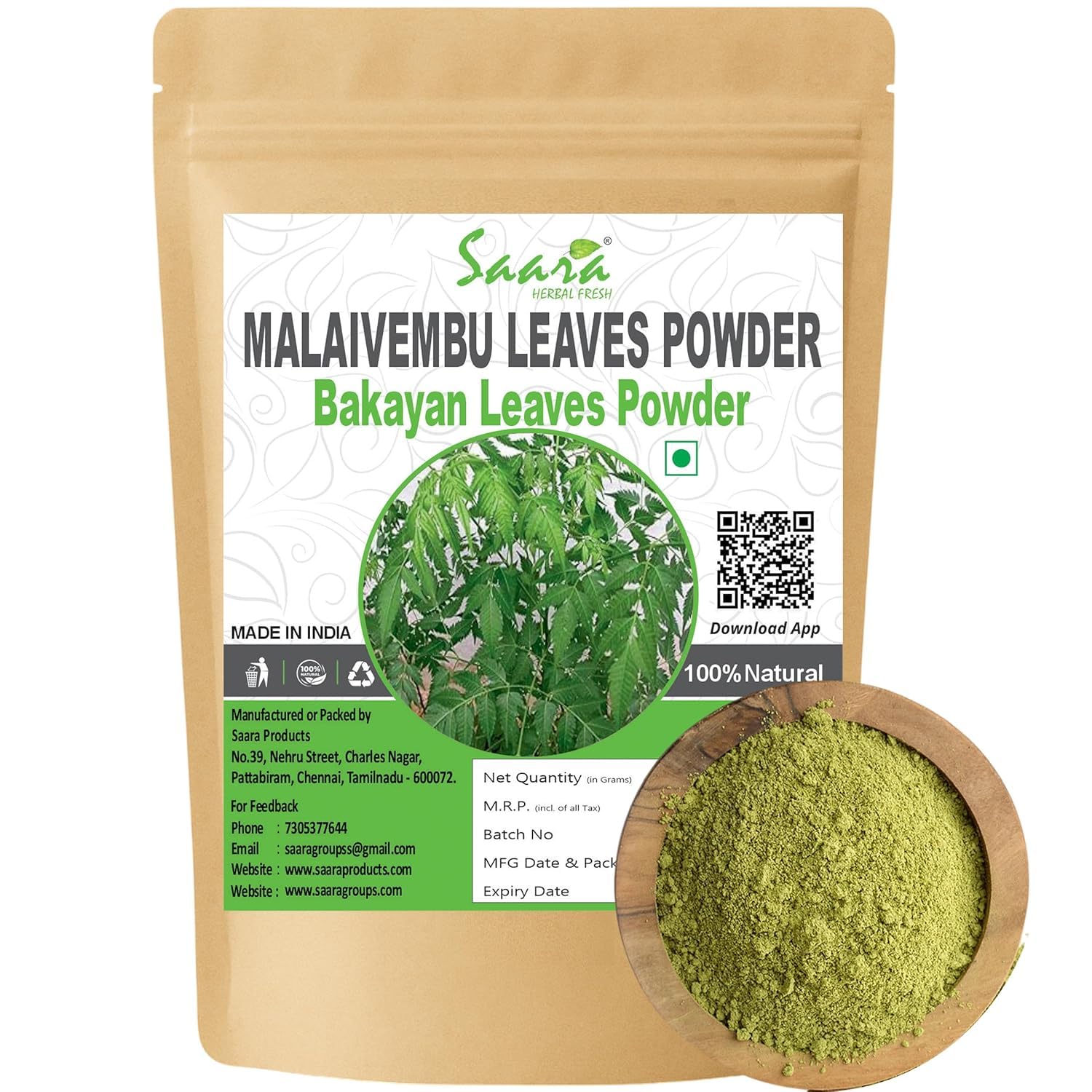 SAARA Malaivembu Powder,Bakayan,Chinaberry Powder,100G,(Pack Of 1 X 100G),Malaivembu