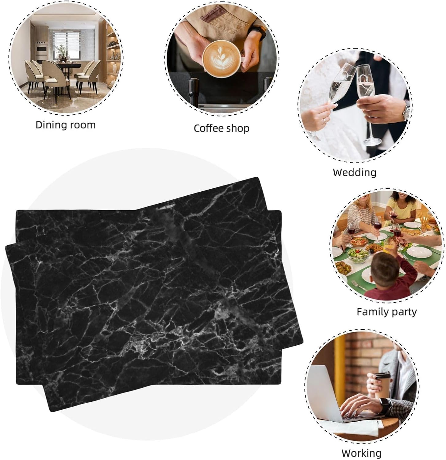 Black Glass Texture Marble Place Mat Set of 6 Pieces Heat-Resistant Tableware Mats Stain Anti-Skid Kitchen Table Decorative Placemats Suitable for Home Kitchen Dining
