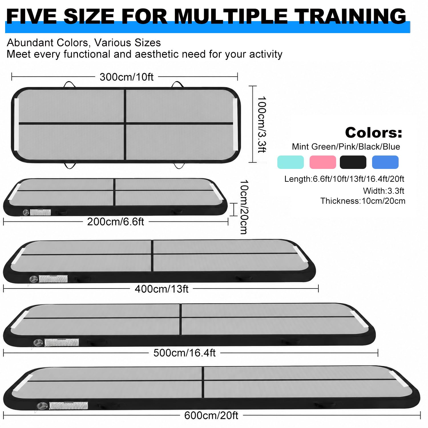 Colchoneta inflable de gimnasia, 2 m, 3 m, 4 m, 5 m, 6 m, 10 cm de altura, con bomba de aire, para uso familiar, yoga, agua, danza, 3 m x 1 m x 20 cm, color negro