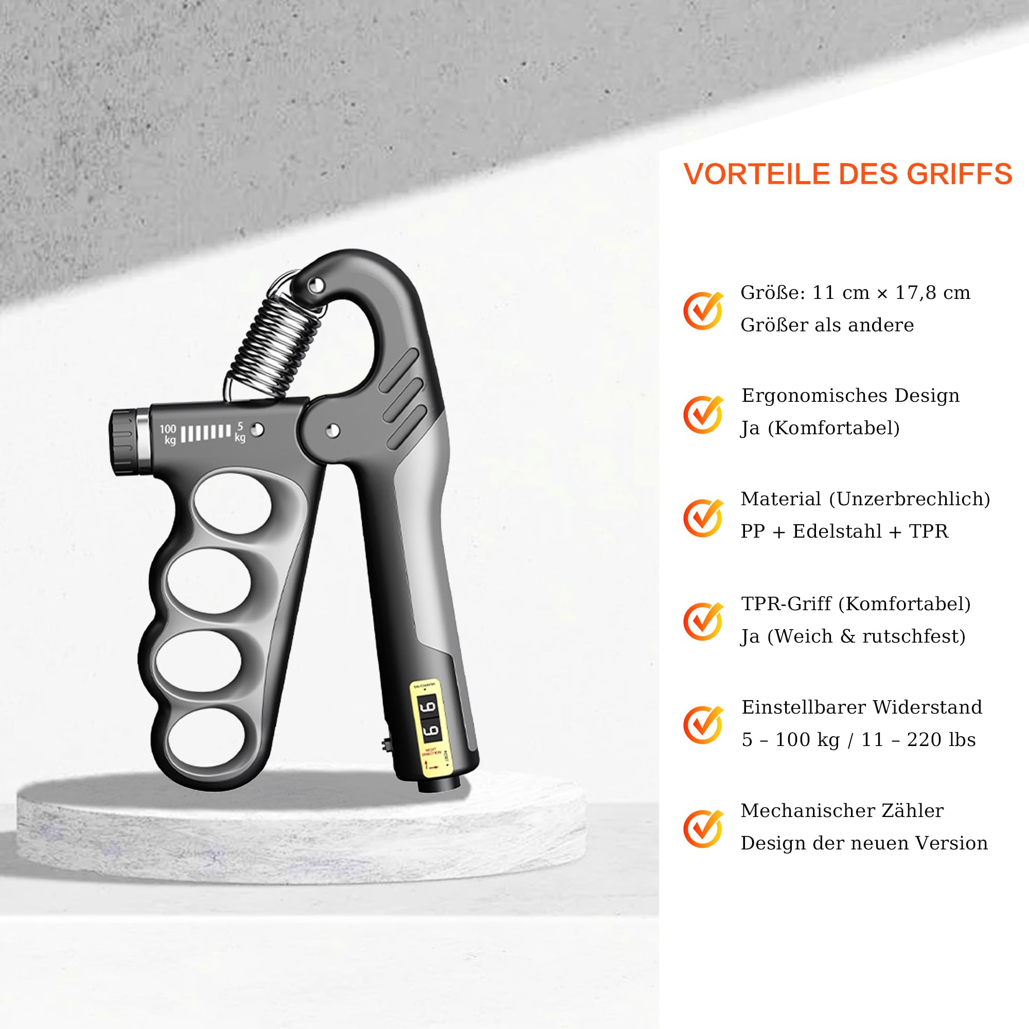 Griffkraft Trainer, Handtrainer, Unterarmtrainer mit Automatischer Zähler | Einstellbarer Widerstand von 5-100 kg, Geeignet für Griffkrafttraining, Handphysiotherapie und Rehabilitation