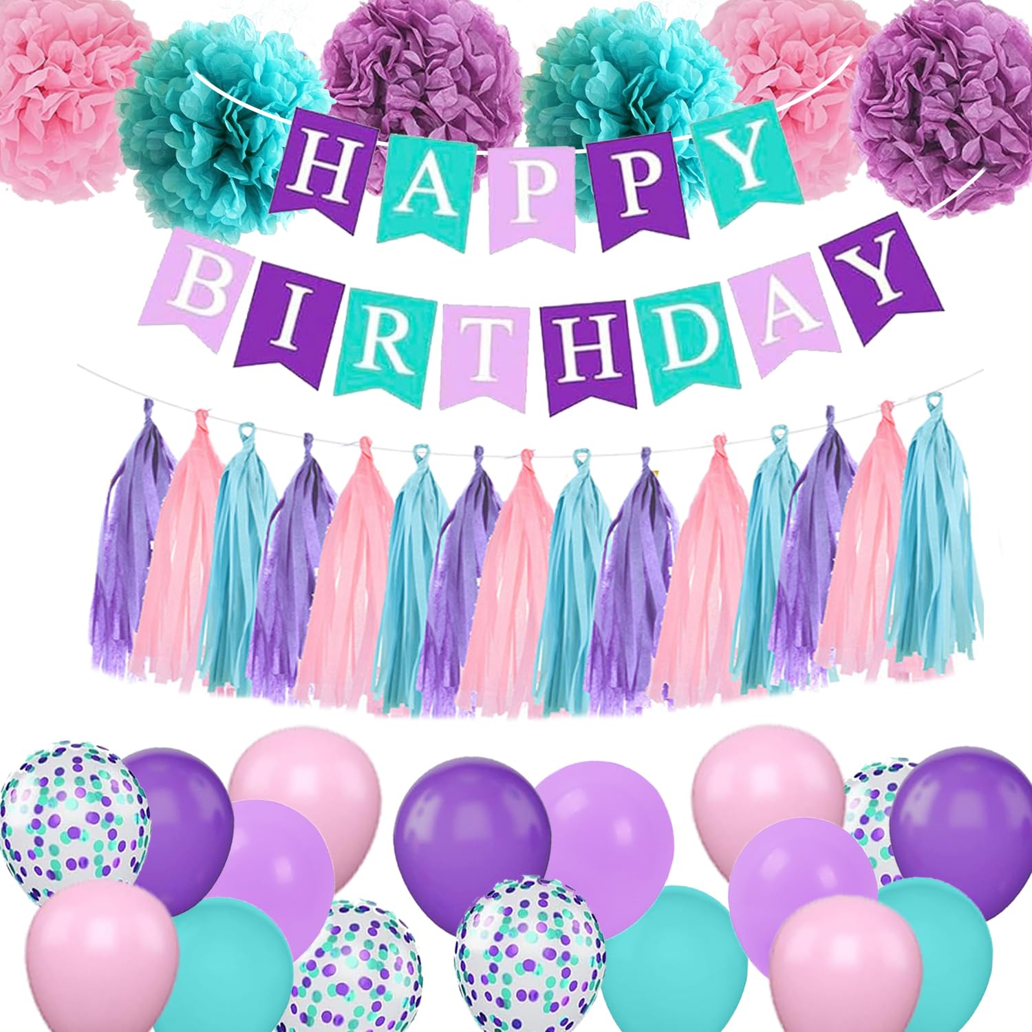 Decoraciones de cumpleaños verde azulado, morado, rosa, decoración de fiesta de cumpleaños de sirena para niñas y mujeres con pompones, borlas y globos