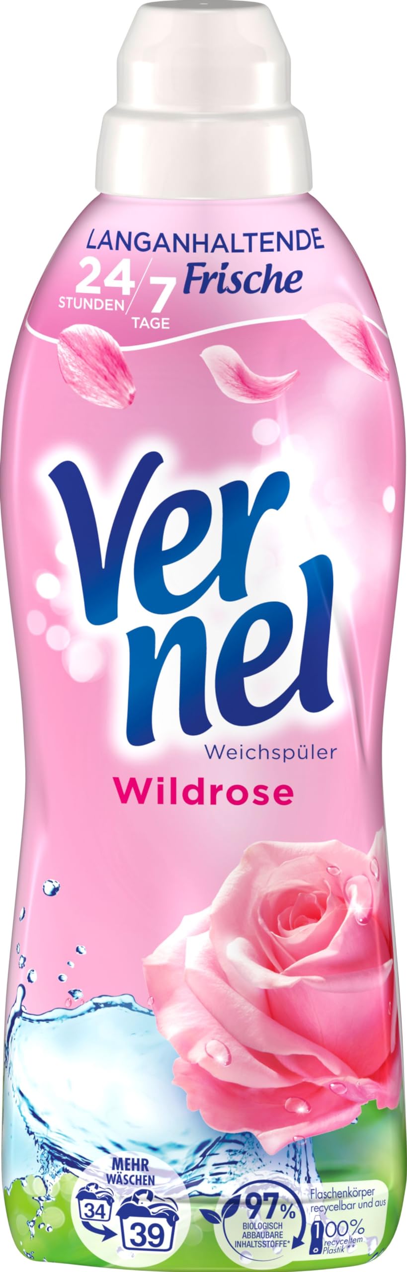 Vernel Wildrose Weichspüler (6x34 Waschladungen), Wäscheduft für 24 Stunden & 7 Tage langanhaltende Frische mit einzigartiger Duft-Technologie, recycelbare Flasche