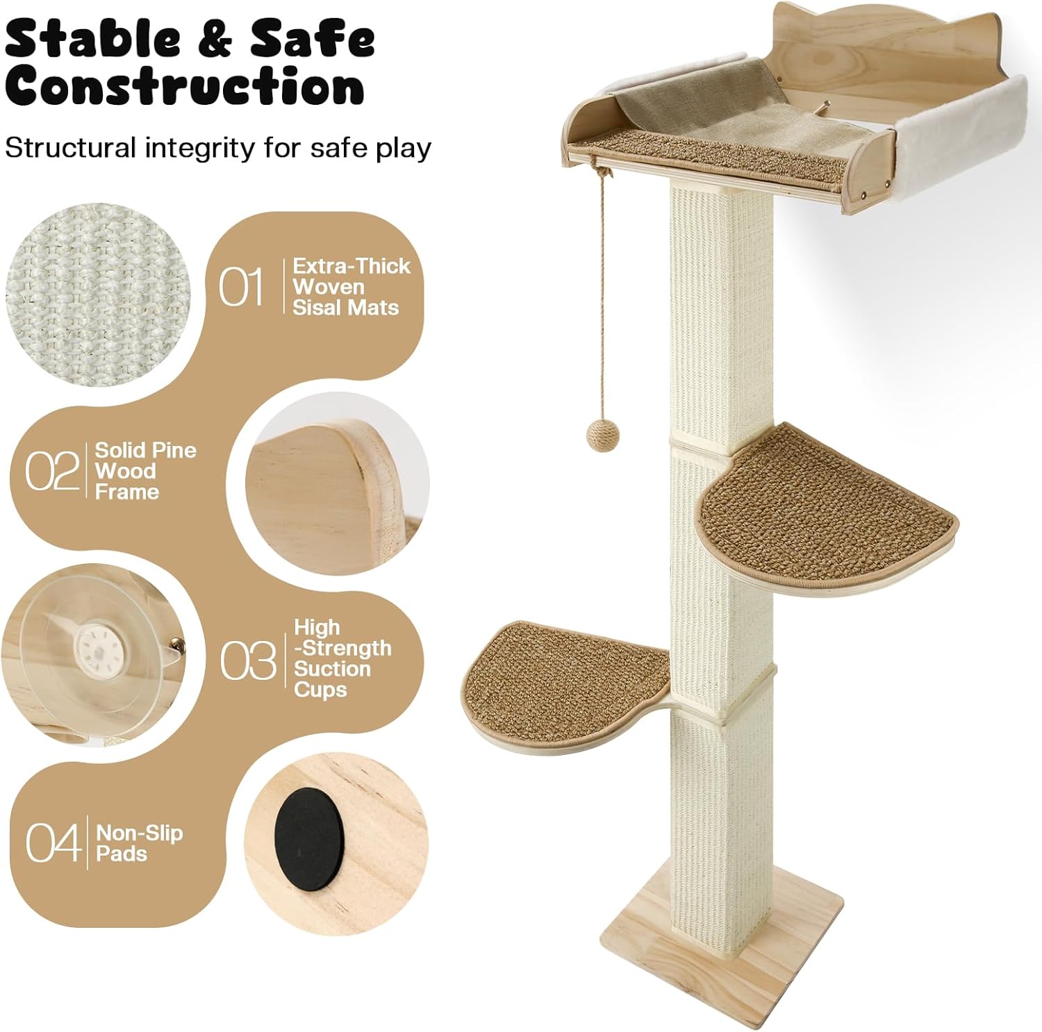 Solid Wood Cat Window Perch with 2 Jumping Platforms, Cat Hammock for Window with Scratching Post, Sisal Tall Cats Scratching Post with Large Perch, Wooden Cats Window Bed with 2 Suction Cups