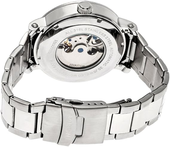 HERITOR Aries Automatic Watch for Men 43mm Men's Skeleton Watch with Jeweled Automatic Movement, Moon Phase, Dual Time Zone, Stainless Steel Bracelet, Sapphire-Coated Mineral Crystal (HERHR4402) - Silver/Black