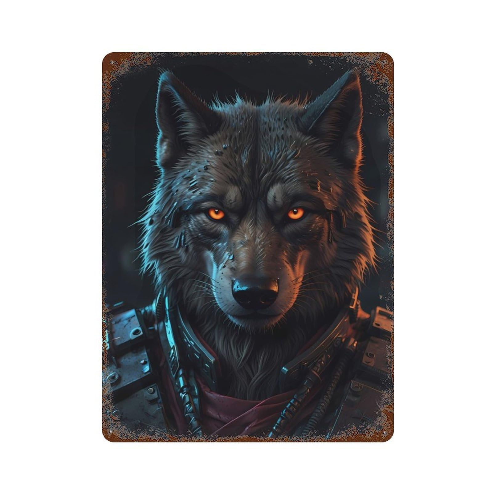 Garage Style Wolf with Glowing Eyes Vintage Rust Metal Sign 15.7"x11.8", Shabby Chic Decor for Bar And Workshop
