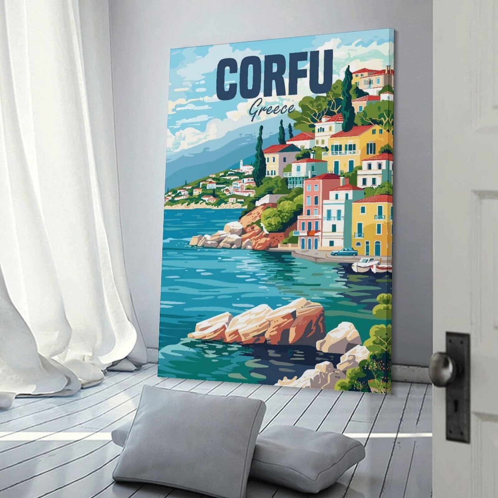 Junmoney Corfu Greece Island Canvas Wall Picture 20x30inch(50x75cm), for Entryway, Lounge Links Or Small Walls, Decorative Canvas Styling for Entry Areas