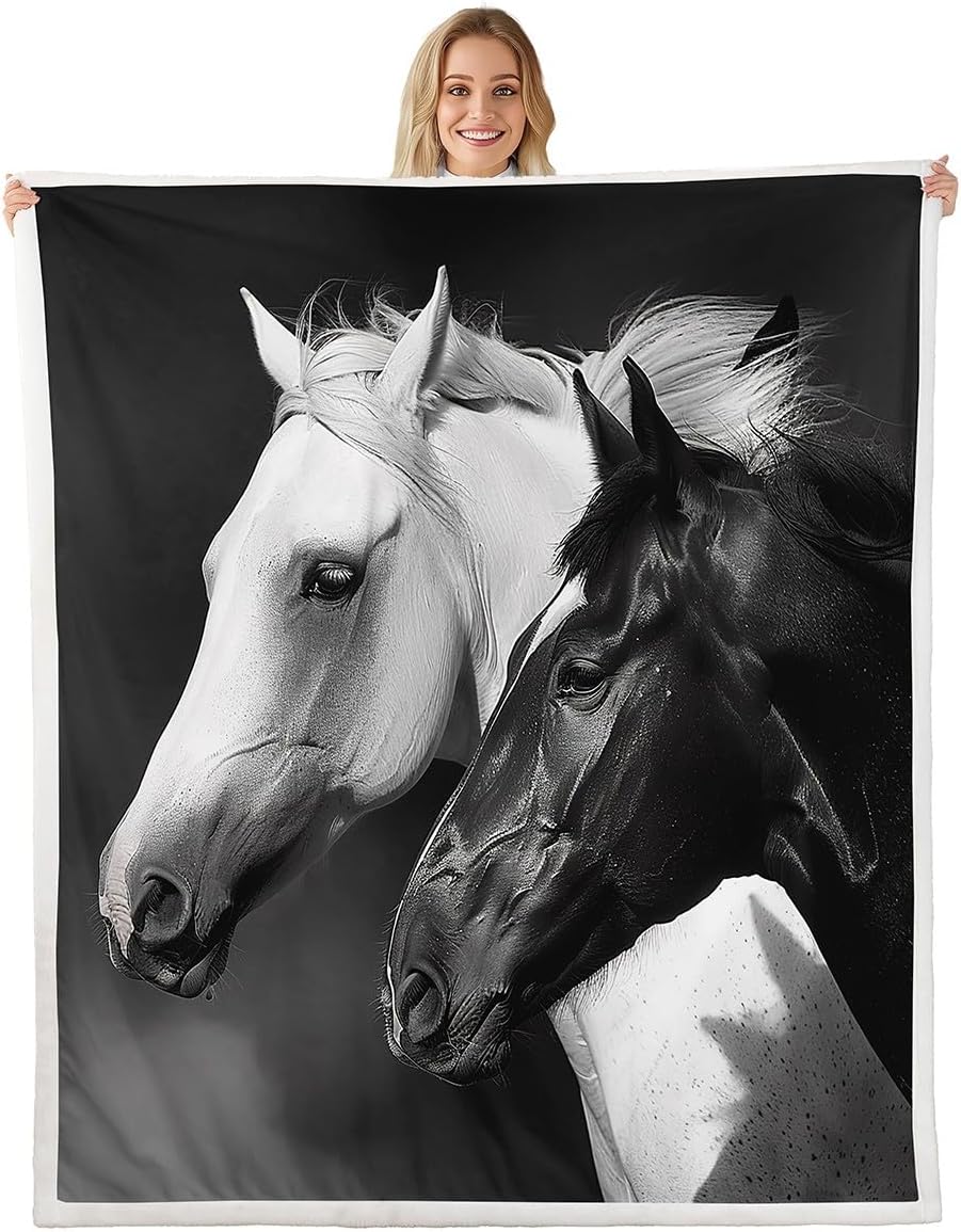 3D Horse Bed Blanket Kids Girls Horses Printed Sherpa Blanket Soft Cozy Lightweight Black and White Plush Fleece Animals Blanket Gifts for Couch Bed Chair Office Sofa(Throw 50"x60")