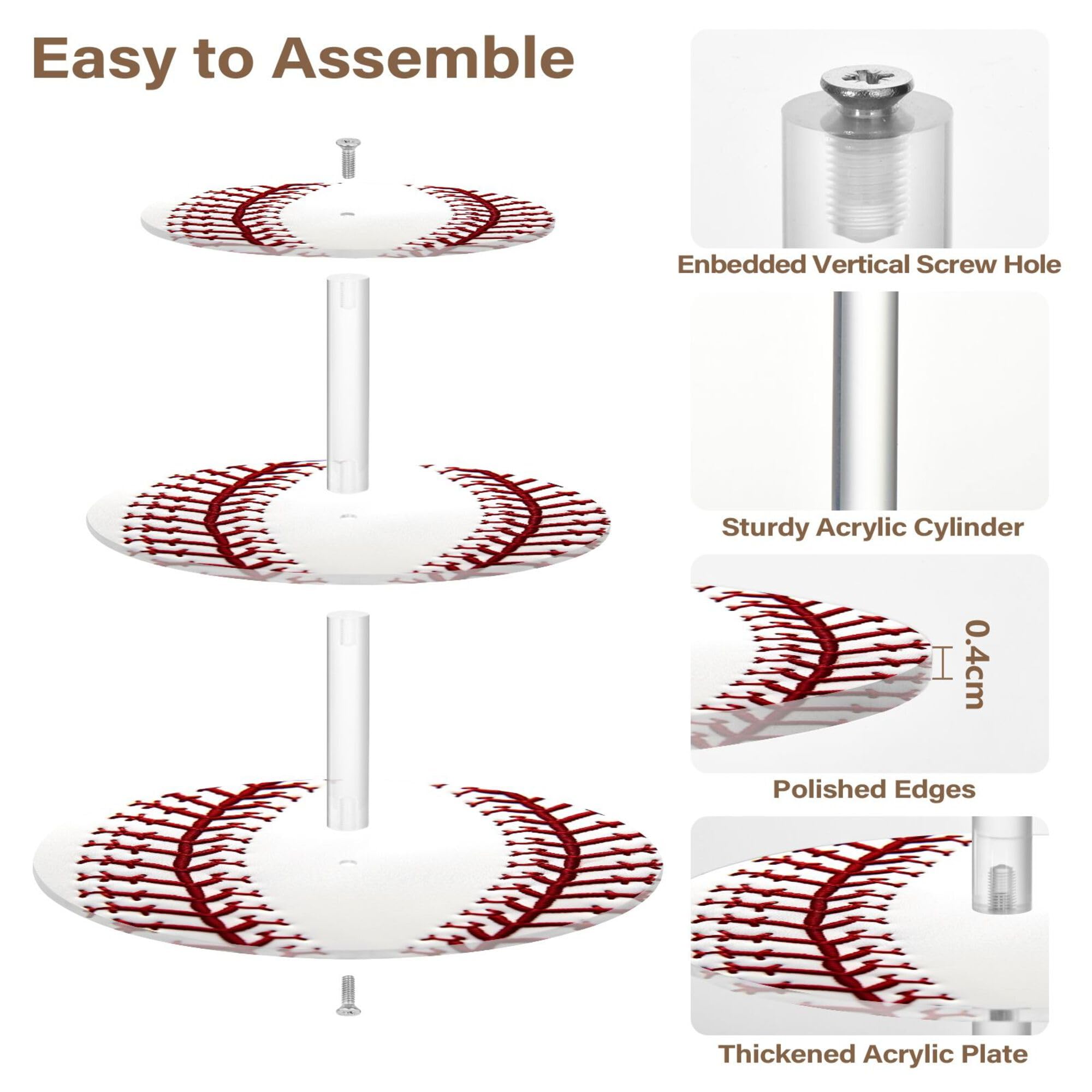 PYBUG Baseball Seams 3 Tier Acrylic Cupcake Stands Tower,Dessert Table Display Set for Tea Party,Wedding,Birthday, Baby Shower