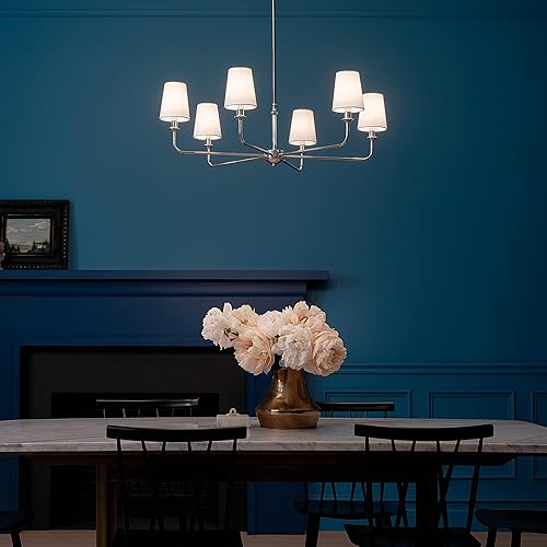 Vista 102 de Kichler Pallas 52517BK - Lámpara de techo de 8 luces en color negro, con persianas cónicas de lino opcionales para vestíbulo, sala de estar