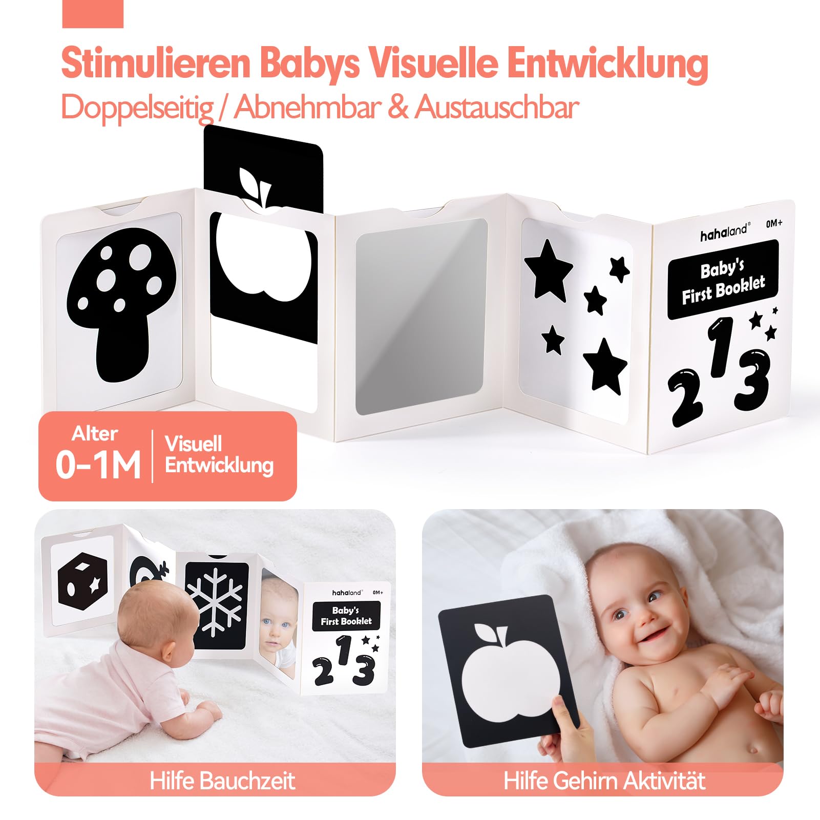 hahaland Baby Spielzeug 0-6 Monate - 30 TLG Schwarz-Weiß Kontrast Lernspielzeug Set, Montessori Sensorik Stoffbuch & Kinderwagen Hängespielzeug, Gehirnentwicklung Geschenk für 0 3 6 12 Monate