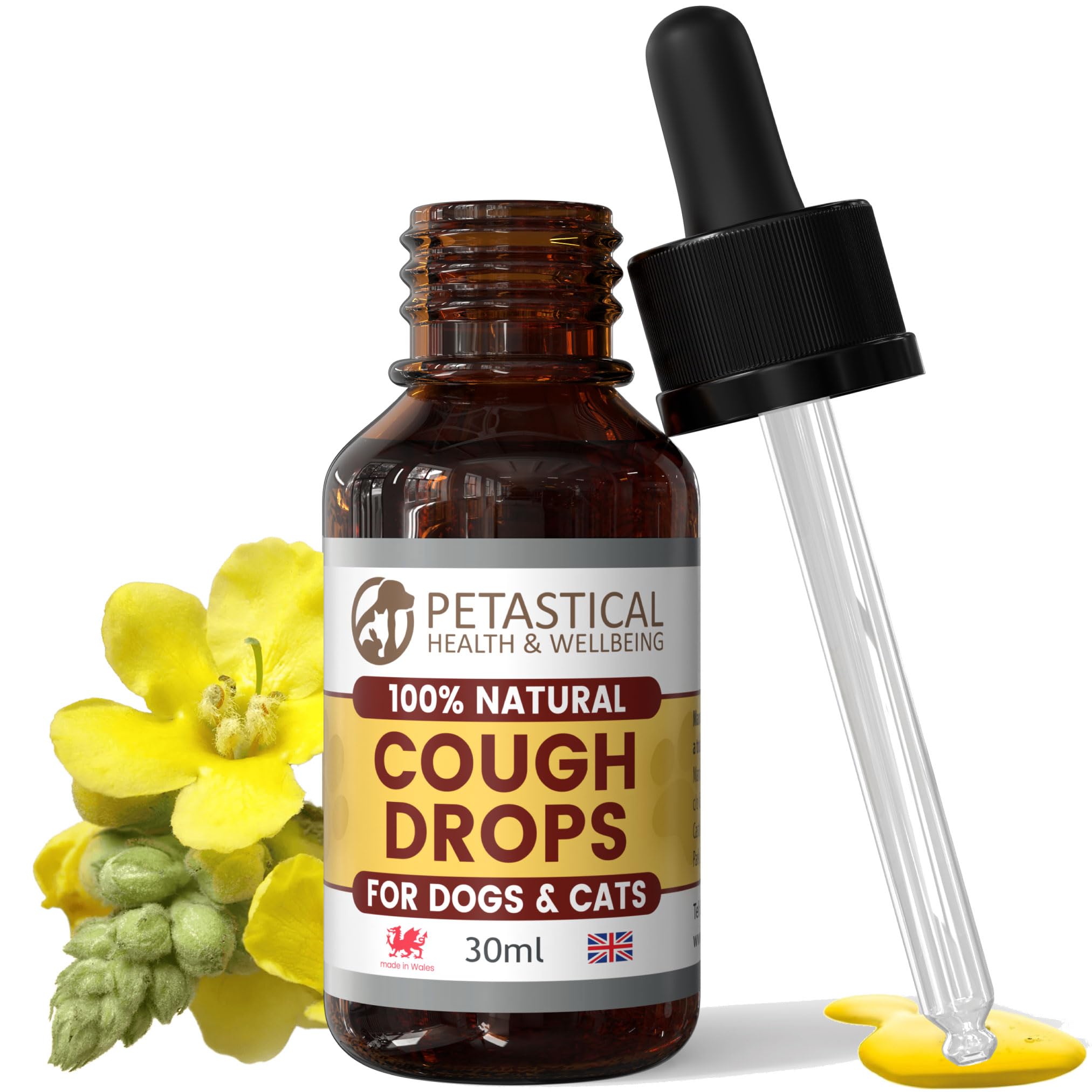 Petastical Cough Drops for Dogs Cats Pets Mullein Complex 100% Natural, Respiratory Support, No Nasty Chemicals, Made in UK (30ml)