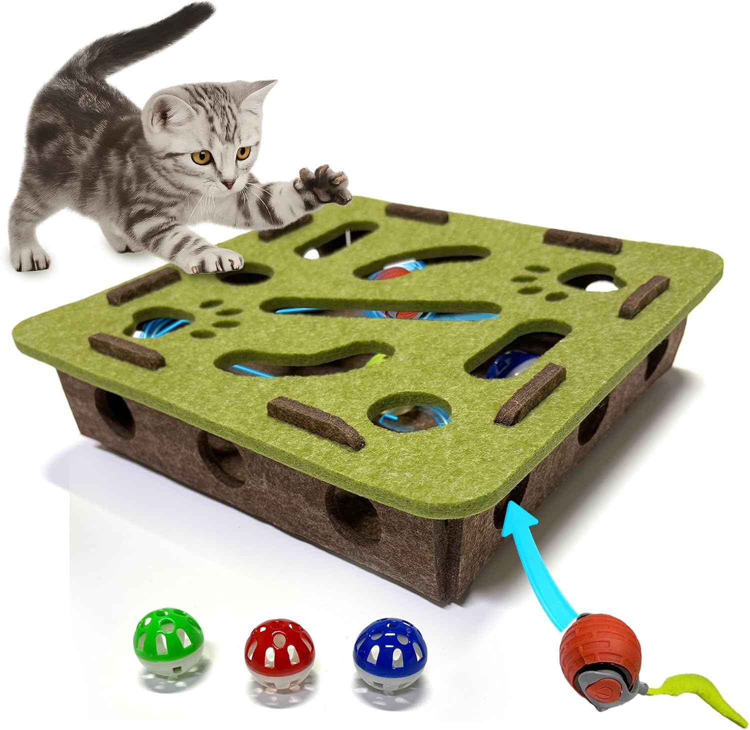 Interactive Soft Felt Cat Puzzle Toy with Ball and Bell，Cat Toy Box for Indoor Cats and Kittens，Indoor Hunting Play Toy to Stimulate Your Cat’s Energy and Instincts (Green+Orange Power Ball)
