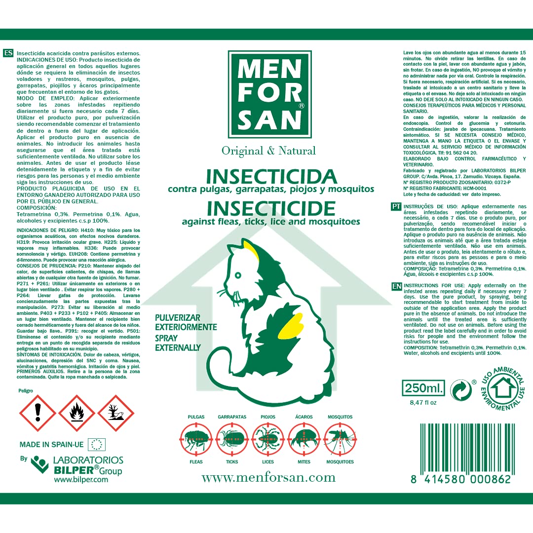 MENFORSAN Insecticida para el entorno de Gatos | No Mancha | Pulverizador | 250 ml