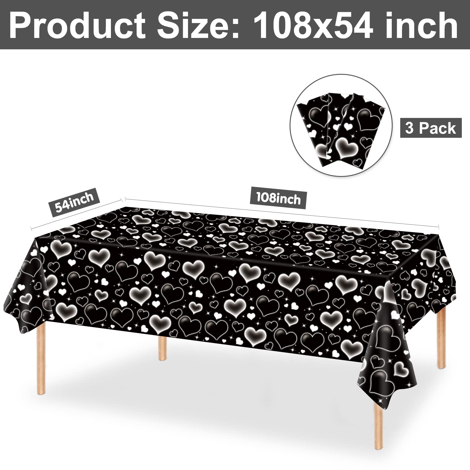2000s Retro Plastic Tablecloths - 2 Pack Black Heart Design For 90s Theme Parties