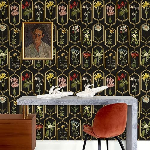 Miniatura 5 de FLUGGER Papel tapiz floral autoadhesivo, extraíble, para gabinetes de dormitorio, 17.3 x 236 pulgadas, color negro