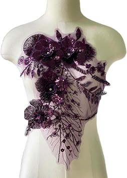 Purple Sequin Applique Patches, Handmade DIY Sew on 3D Flower Appliques for Clothing,Dresses, Dance Costumes, Bags, Home Decor Dark Purple-A