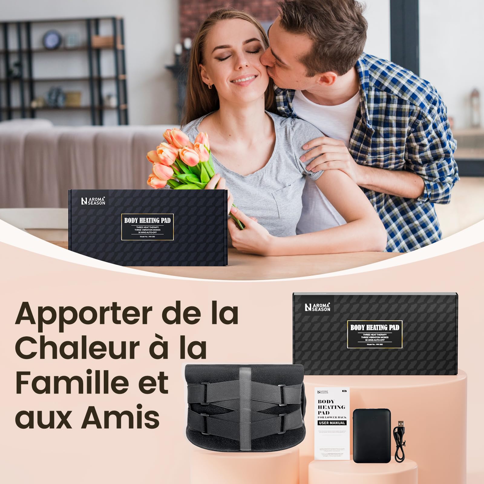 AROMA SEASON Ceintures chauffantes, massage par vibrations alimenté par batterie, coussins chauffants pour le dos avec dispositif de massage et arrêt automatique, chauffe-dos sans fil