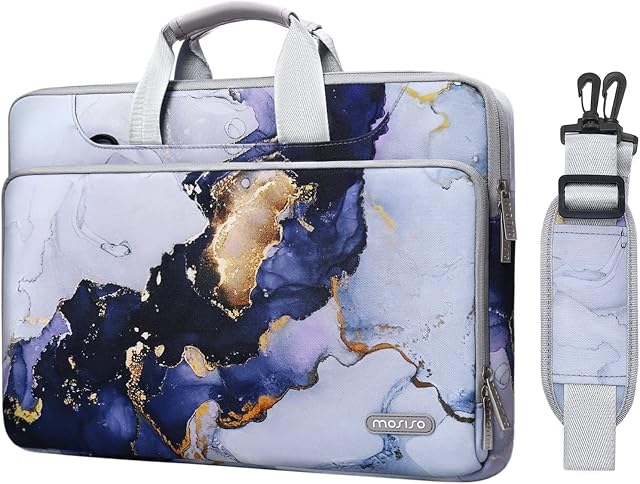 MOSISO 360 Protective Laptop Shoulder Bag Compatible with MacBook Air 15 inch M2 A2941 2023/Pro 16 2023-2019, 15-15.6 inch Notebook, Polyester Sleeve with Belt Marble MO-MBH348