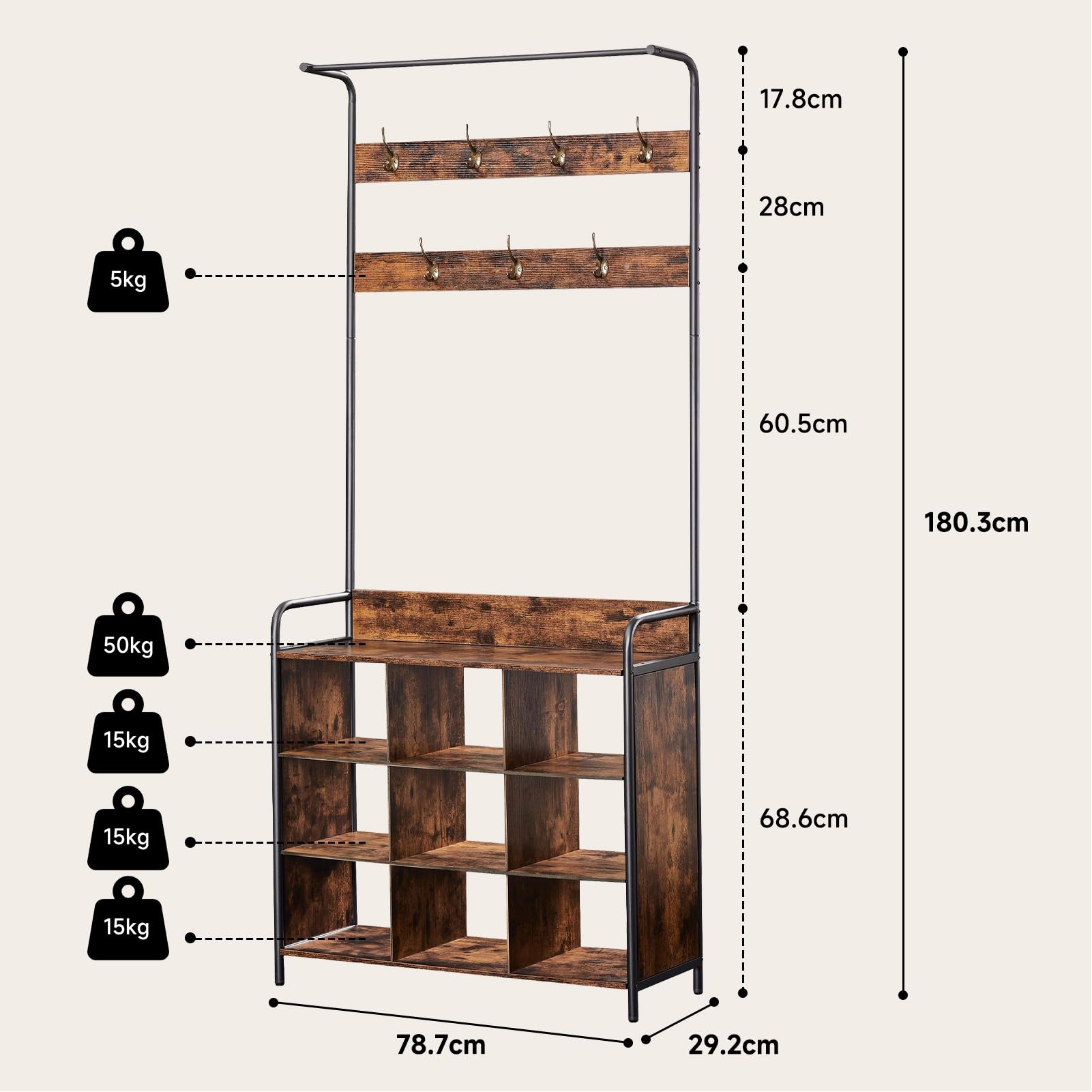 HAUSPROFI Garderobe mit Schuhablage, Kleiderstange, 7 Haken, 9 offenen Ablagen, Industriedesign, für Eingangsbereiche und Flure, Retrobraun, 78,7 x 29,2 x 180,3 cm (L x B x H)