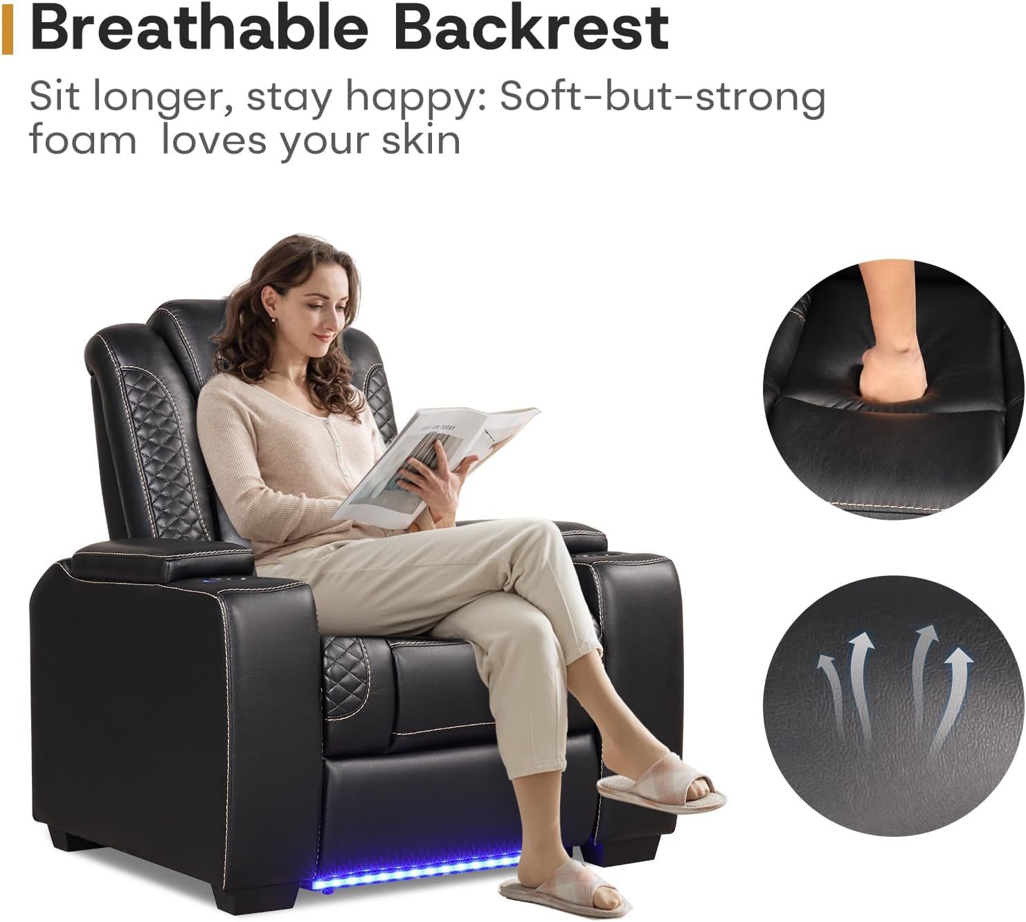 ANJ Power Home Theater Seating Set of 2, PU Leather Electric Recliner Chair with Powered Headrest, Dual Motors Movie Reclining Chairs with LED Lights,USB Port, Cup Holders, Hidden Arm Storage (Black) 2 Black image 8 of 9 B0D3TWJXJ6