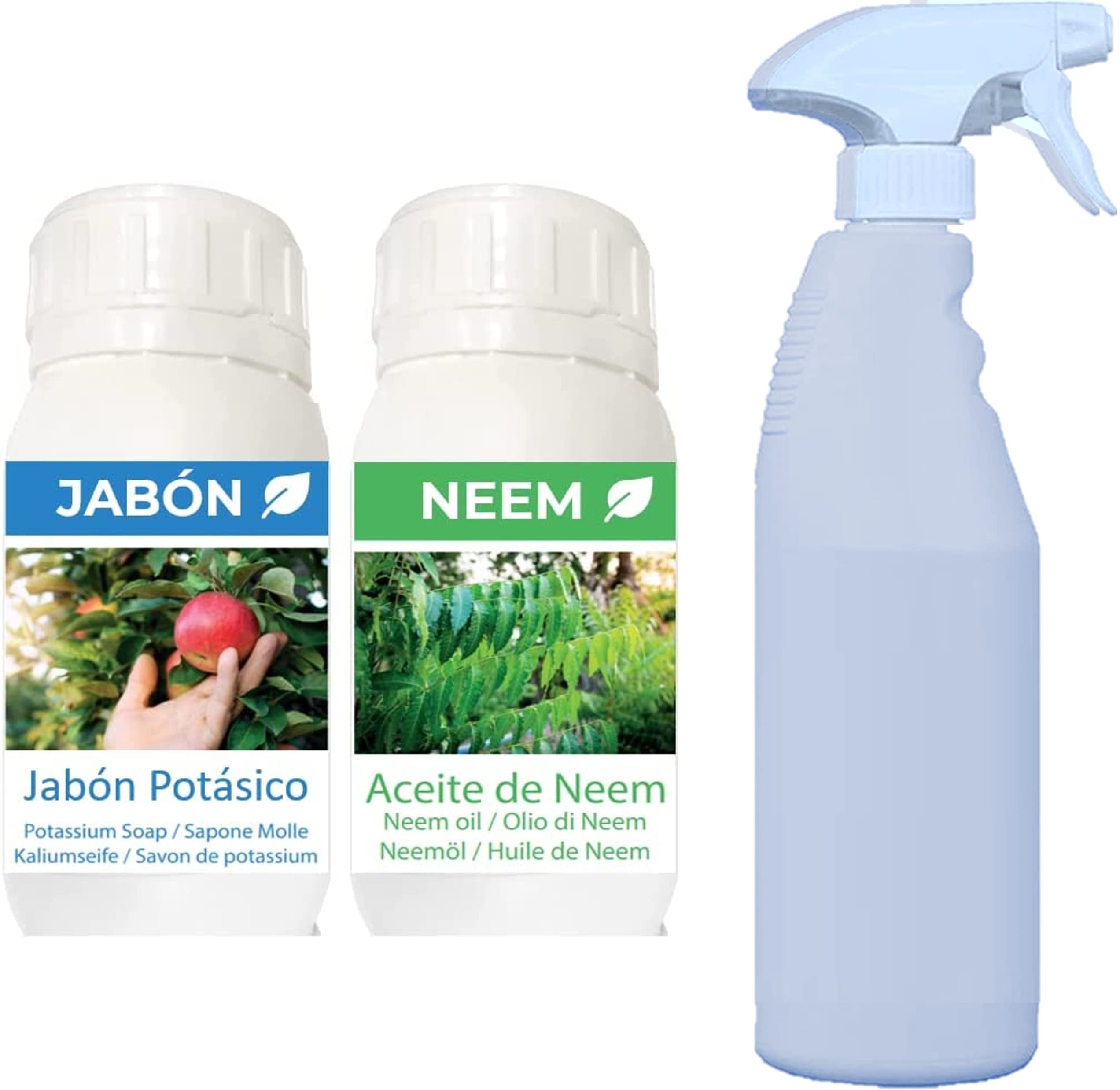 PLANTAWA Jabón Potásico y Aceite de Neem para Plantas (2X250 ML) + PULVERIZADOR. Biodegradable y Natural. Protección Huerto, Sostenible, Muy Concentrado, Mosca Blanca, Araña Roja, Pulgón, Cochinilla