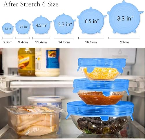 Miniatura 3 de Cubierta de sellado elástico de silicona, 12 unidades, 6 tamaños, tapas de sellado de silicona elásticas azules para mantener los alimentos frescos