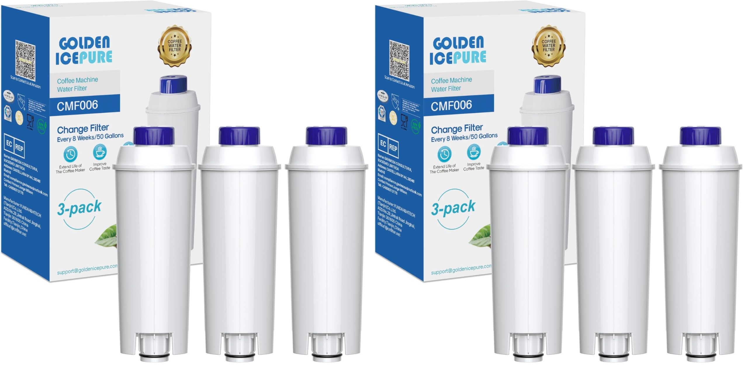 Filtre à eau De'Longhi DLSC002 de GOLDEN ICEPURE pour machine à café ECAM et ETAM, lot de 6 pièces