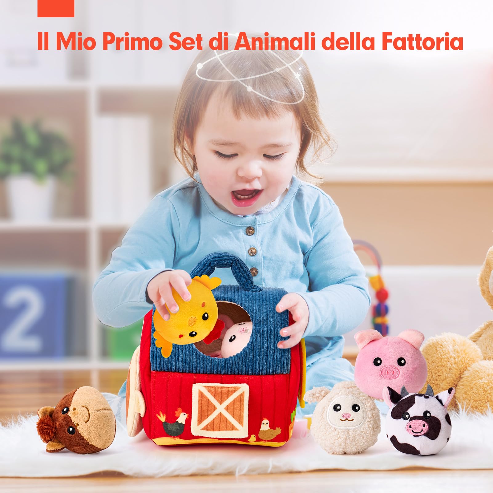 hahaland Giochi Bambino 1 Anno Montessori - Casa Morbida Montessori 6-12 Mesi Animali da Fattoria con Fienile/Sonaglio/Specchio, Gioco Bambino Sensoriale Regalo Bimbo Bimba 1 Anno