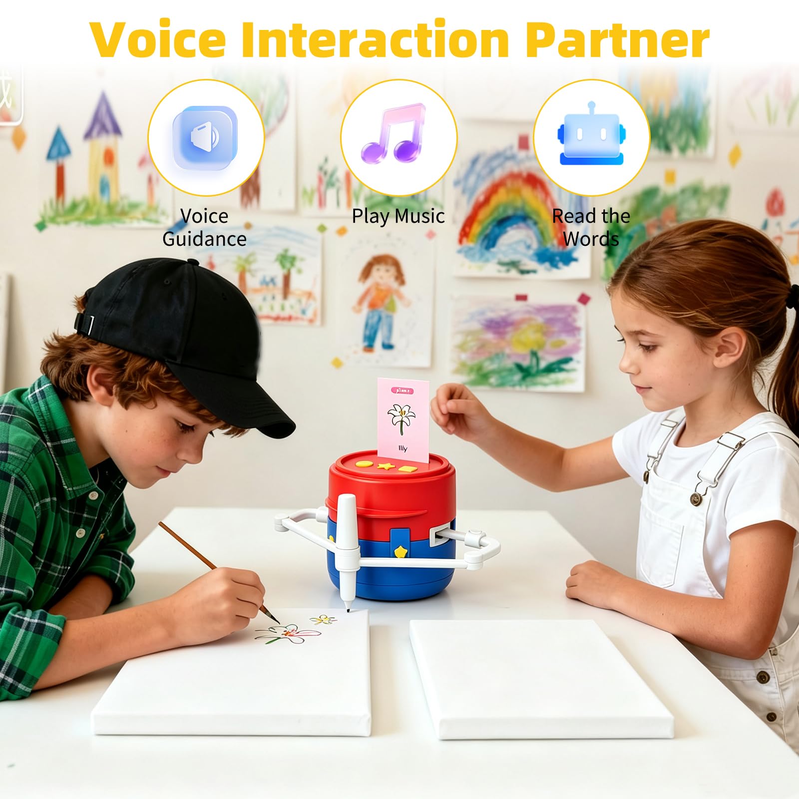 Robot da disegno per bambini, set magico da colorare con 22 penne e 200 carte educative, guida vocale, giocattolo Montessori, età 3-8 anni, versione inglese