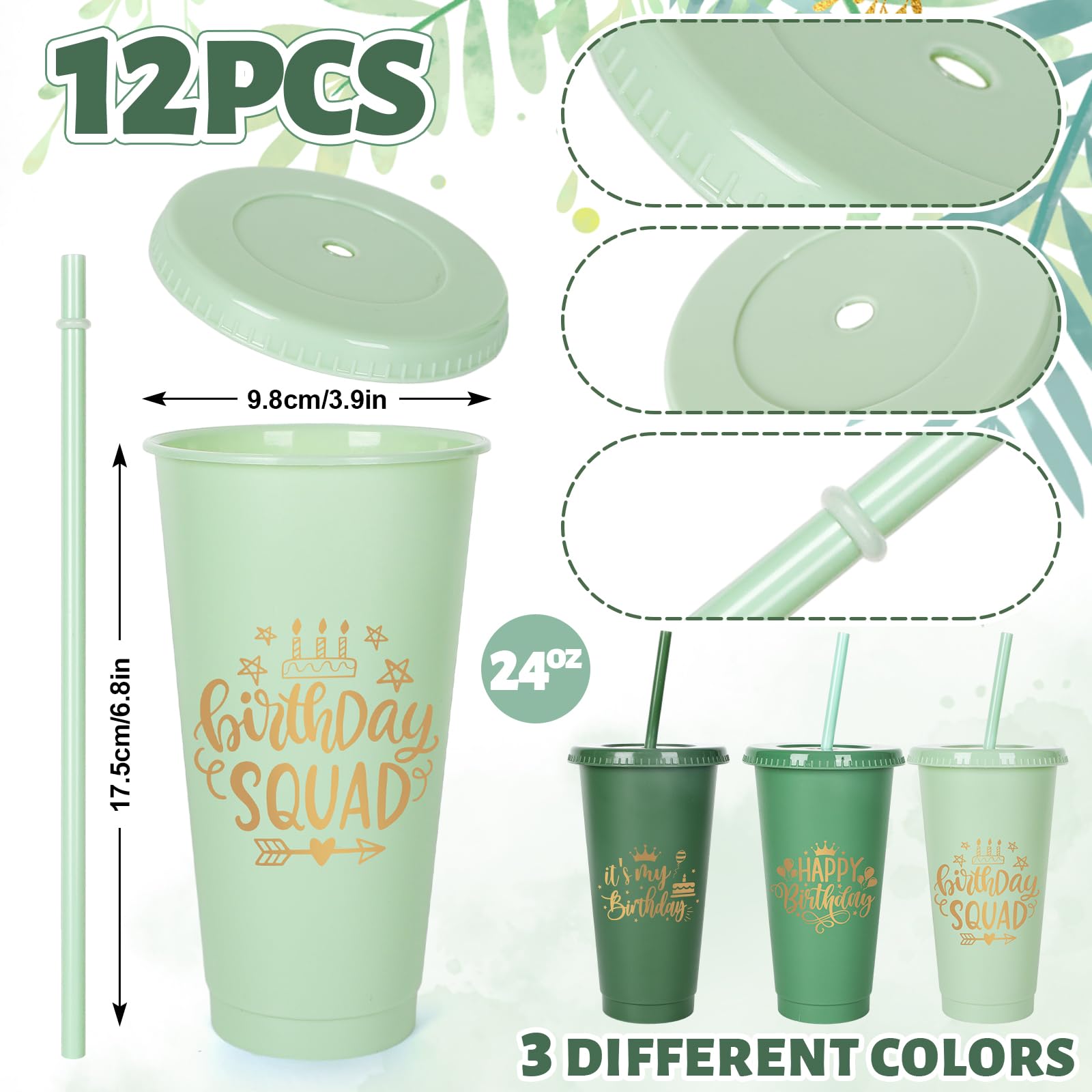 Whaline 12 bicchieri per feste di compleanno con coperchio, cannucce verde salvia, bicchieri in plastica verde sfumato, riutilizzabili, per caffè freddo, bevande, viaggi, 680,4 g