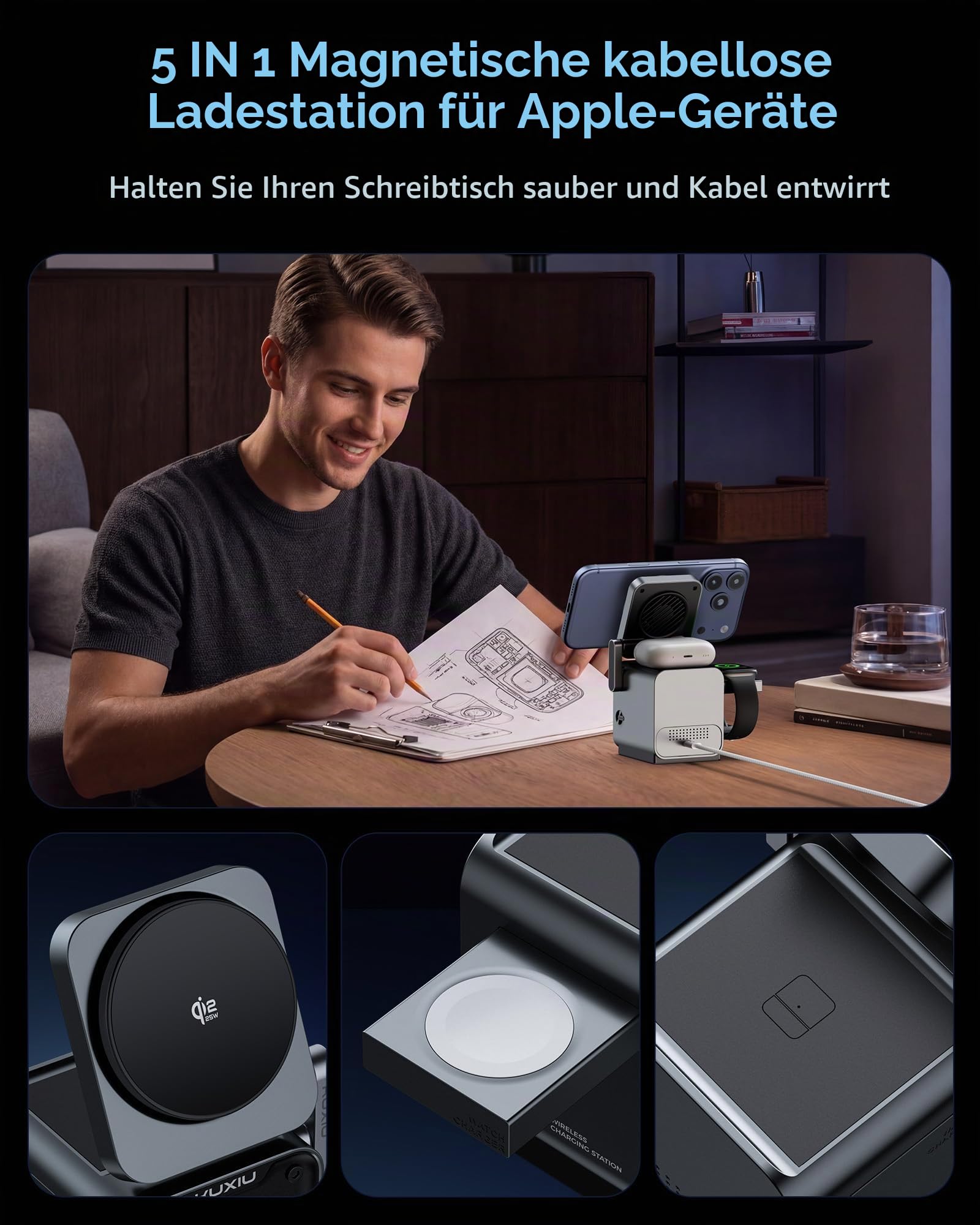 KU XIU 5-in-1 Ladestation Qi2.2 25W mit Smart TFT Display & Kühlventilator