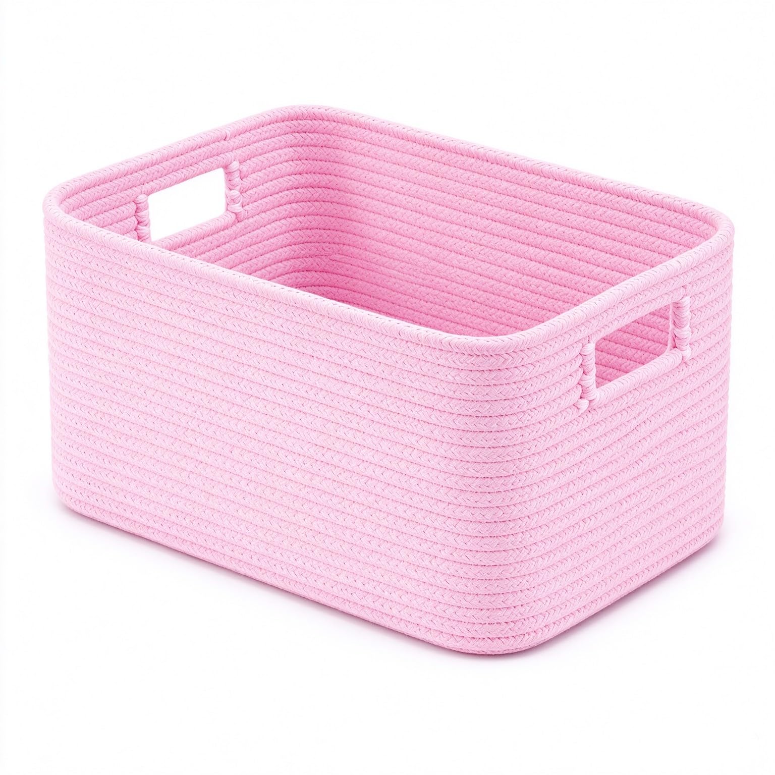 Cotton Rope Laundry Basket Medium, 15.4GAL Collapsible Woven Storage Baskets for Living Room Kids Toys Stuffed Animal,Boho Rectangular Decorative Short Hamper for Dirty Clothes, Blankets Light Pink