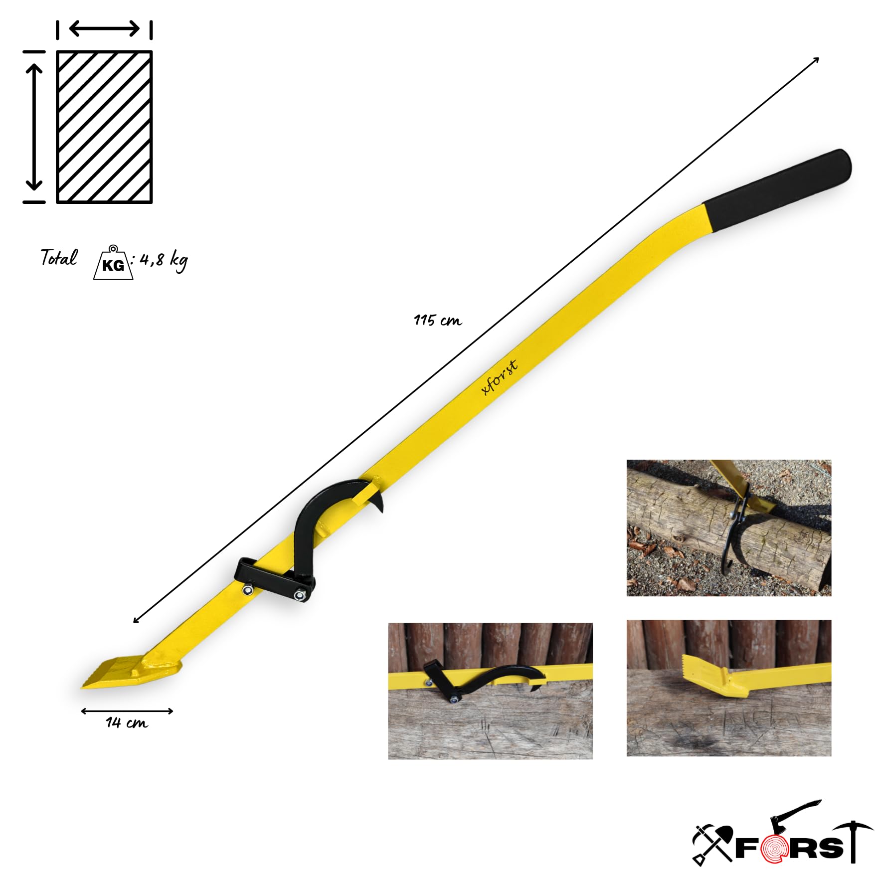 Xforst Fällheber 115 cm mit Wendehaken – Stammheber & Stammwender – Kantheber mit rutschfestem Griff für Forstarbeit und Holzbearbeitung – Fällhilfe FH115
