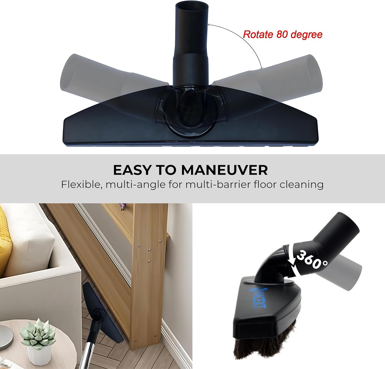 Upgraded Hardwood Floor Attachment with Horse Hair Soft Bristles & Flexible Brush Head for Vacuum Cleaners Using 1 ¼'' (1.25inch) (32mm) Accessories - Work on Low Carpet & Wood/Bare/Tile/Hard Floors