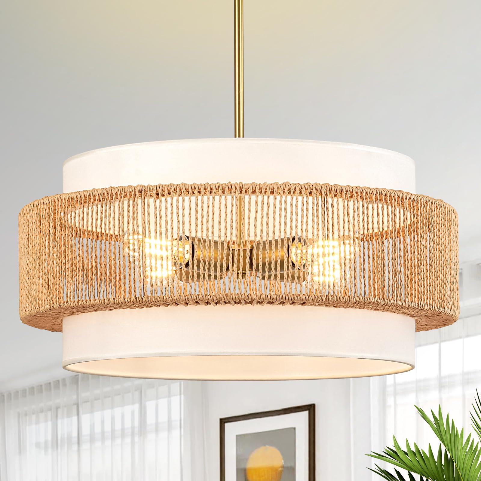 4-light rattan chandelier for dining room, 19.7" boho pendant light fixture | hand woven, farmhouse style, drum design with fabric shade, for living room, kitchen island, bedroom, hallway, foyer