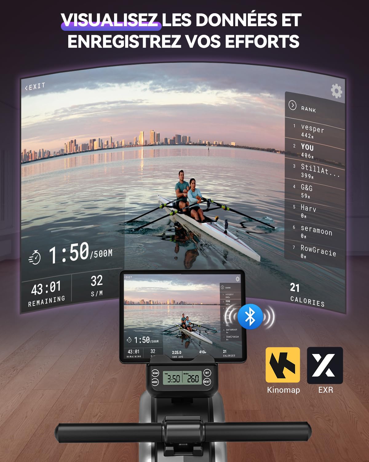 Rameur, DMASUN Rameur Magnétique D'appartement, Rowing Machine Connecter APP avec Écran LCD, 16 Niveaux de Résistance, Mise à Niveau vers Deux Rails, Silencieux, Capacité Maximale 160KG