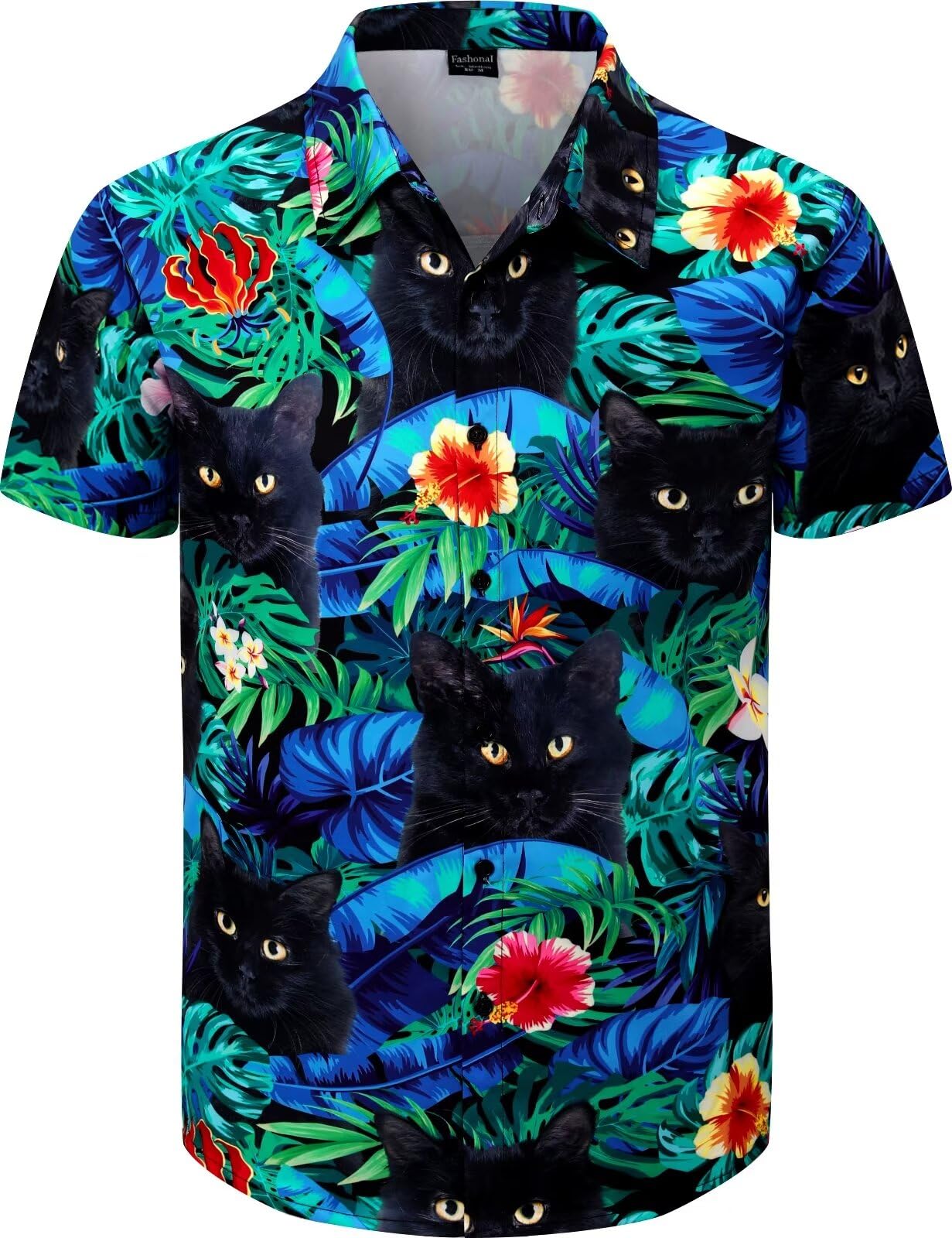 Fashonal Men's Cat Black Hawaiian Shirt Button Down Tropical Beach Short Sleeve Aloha Shirt, Medium